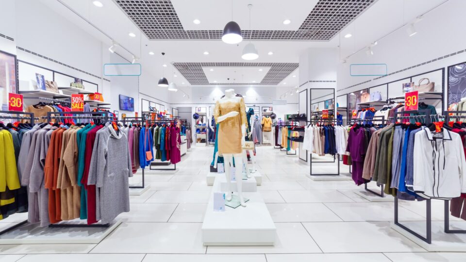 Inside a clothing store with racks of clothes.