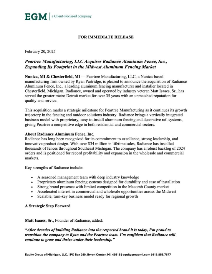 Press release for radiance aluminum fence inc peartree manufacturing llc