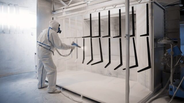 A person powder coating metal hooks.