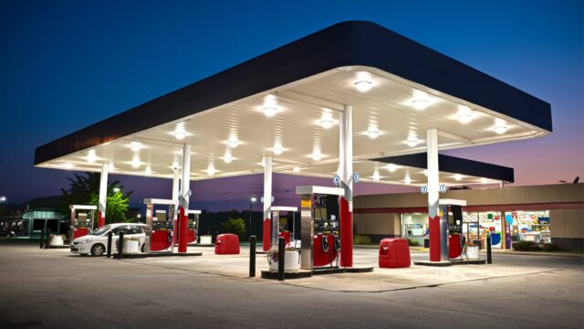 Gas Pumps at night.