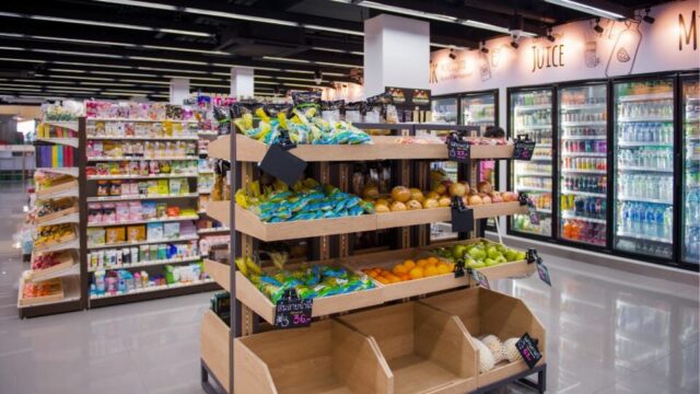 Inside a Convenience store, with products on their shelves.