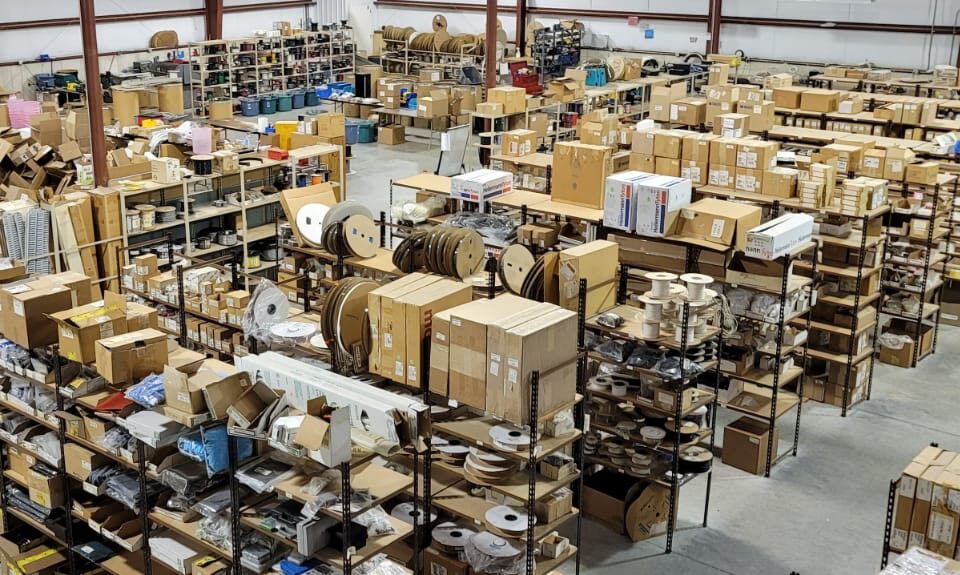 Electrical Warehouse with shelves full of electrical supplies.