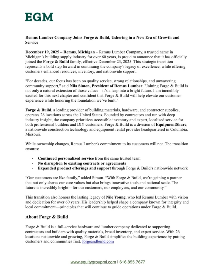 EGM Press Release Exciting News Remus Lumber.