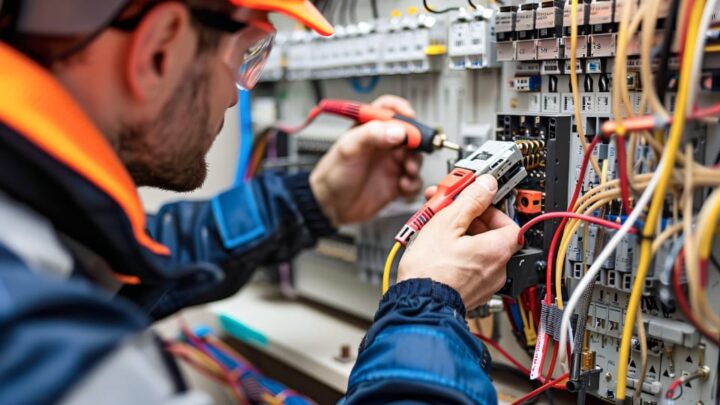 a technician working on a circuit panel.