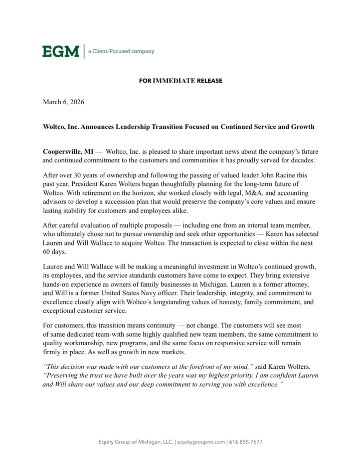 EGM Press Release Woltco Inc Announces Leadership Transition.