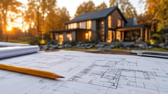 exterior of a house House with blueprintslaid out.