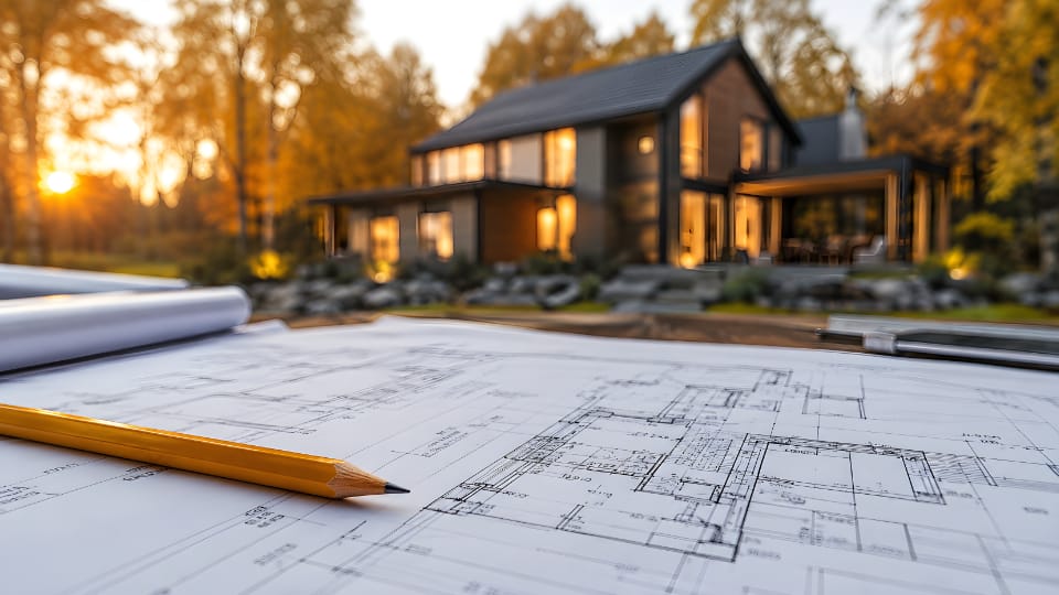 exterior of a house House with blueprintslaid out.